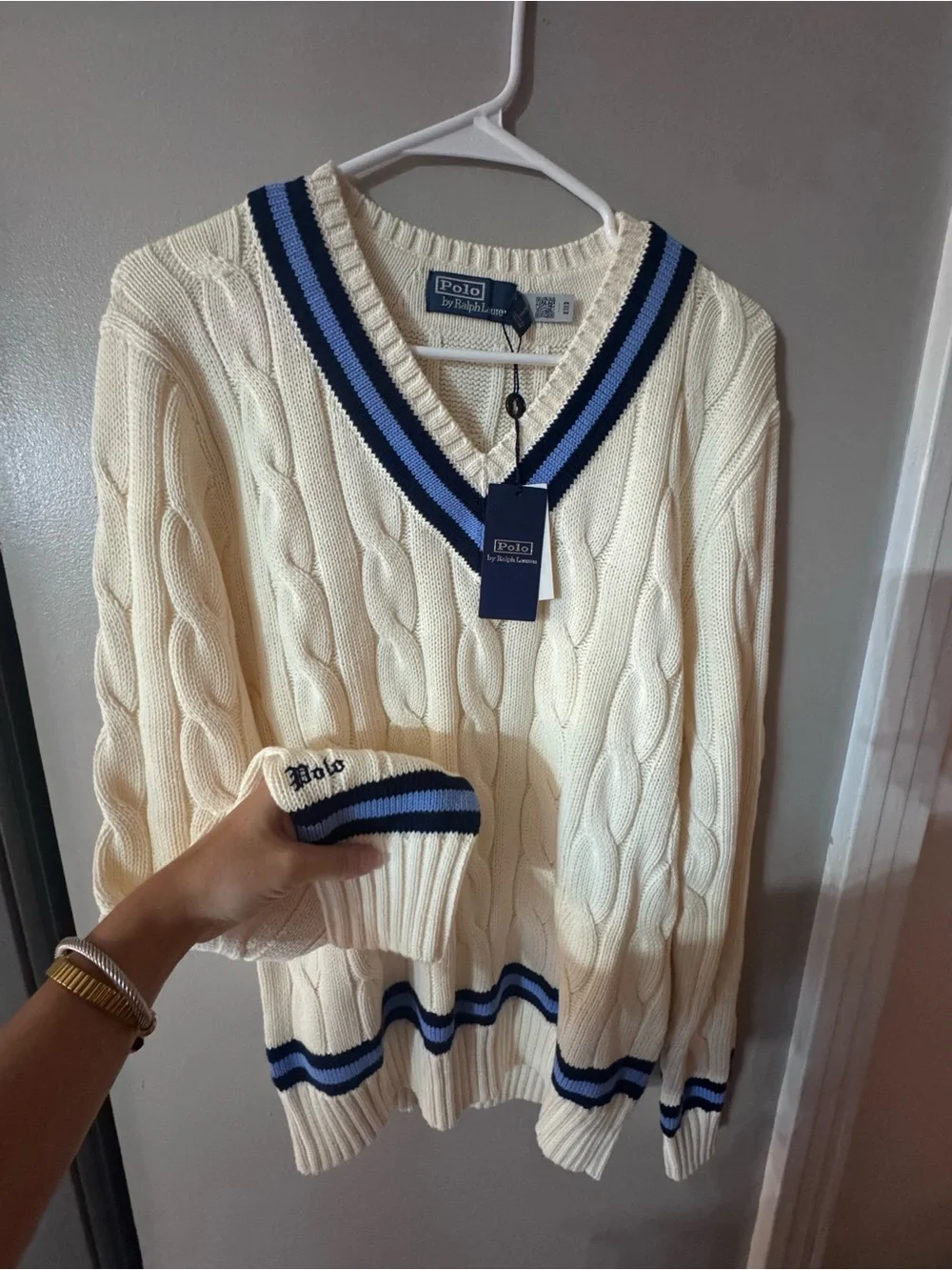 Polo by Ralph Lauren Cream Cable-Knit V-Neck Sweater with Blue Trim